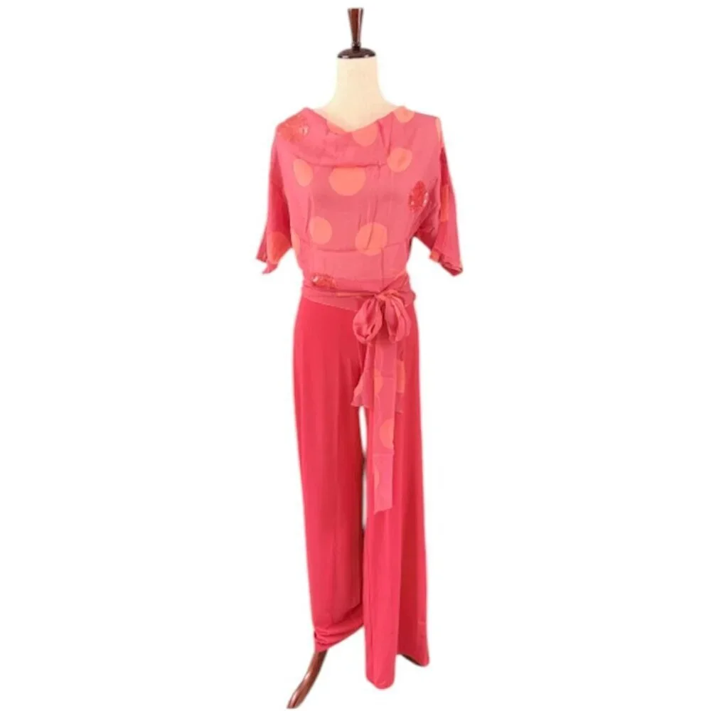 Genny Women's Pink Coral Sequin Top and Pants Set Made in Italy Designer 12 EUC